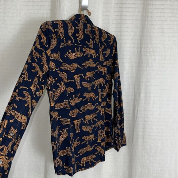 J. Crew S Navy Caramel Brown Tiger Print Signature Fit Stretch Cotton Shirt - Picture 7 of 13